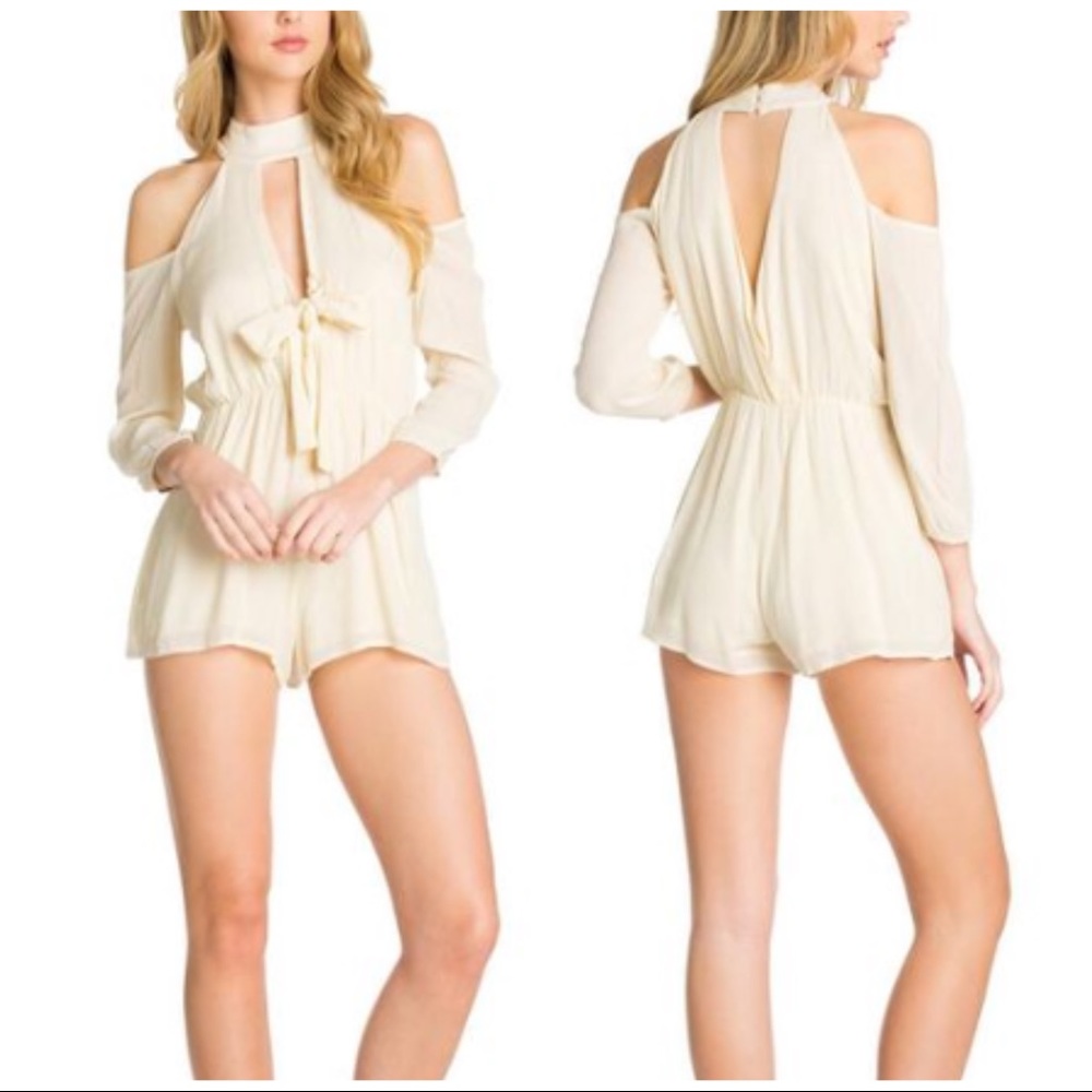 Dance & Marvel Romper Cold Shoulder High Neck Cream Shorts Size M